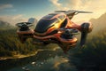 drone flying over the mountain river. 3d render illustration, Flying cars of the future , AI Generated
