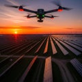 Drone flying over solar panels at sunset with wind turbines in background Royalty Free Stock Photo