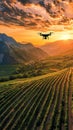 Drone flying over vineyard at sunset with mountainous backdrop Royalty Free Stock Photo