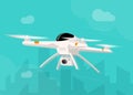 Drone flying in the sky vector illustration, flat cartoon quadcopter fly in the city modern clipart