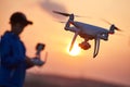 Drone flying at sunset Royalty Free Stock Photo