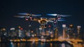 A drone flying trought a big city nighttime