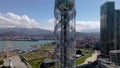 Drone footage. The drone flies around the popular attraction in Batumi Alphabet Tower on the Black Sea coast. Modern building, obs