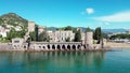 Drone footage of La Napoule Castle (Chateau de la Napoule) in Mandelieu-La Napoule, France