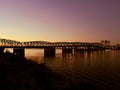 Drone footage of Oregon - Washington Interstate Bridge In Portland and Vancouver over the Columbia River water way