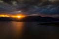 Drone footage of a stormy sunset over Loch Linnhe, from North Ballachulish, Fort William, Scotland Royalty Free Stock Photo