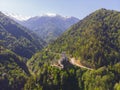 Drone footage of Zilkale castle in Rize. Arial, forest.