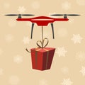 Drone with gift. Modern delivery of gifts for Christmas