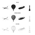 A drone, a glider, a balloon, a transportation barge, a space rocket transport modes. Transport set collection icons in