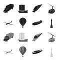 A drone, a glider, a balloon, a transportation barge, a space rocket transport modes. Transport set collection icons in