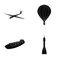 A drone, a glider, a balloon, a transportation barge, a space rocket transport modes. Transport set collection icons in