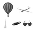 A drone, a glider, a balloon, a transportation barge, a space rocket transport modes. Transport set collection icons in