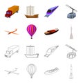 A drone, a glider, a balloon, a transportation barge, a space rocket transport modes. Transport set collection icons in