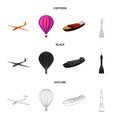 A drone, a glider, a balloon, a transportation barge, a space rocket transport modes. Transport set collection icons in