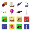 A drone, a glider, a balloon, a transportation barge, a space rocket transport modes. Transport set collection icons in