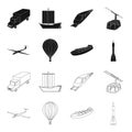 A drone, a glider, a balloon, a transportation barge, a space rocket transport modes. Transport set collection icons in