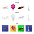 A drone, a glider, a balloon, a transportation barge, a space rocket transport modes. Transport set collection icons in