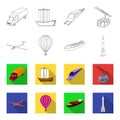 A drone, a glider, a balloon, a transportation barge, a space rocket transport modes. Transport set collection icons in