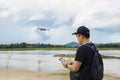 Drone with high resolution digital camera on the river and sky
