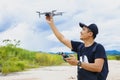 Drone with high resolution digital camera on the river and sky