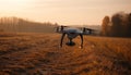 Drone hovering mid air captures digitally generated sunset over forest generated by AI