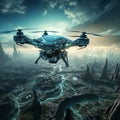 Drone Hovering over a Binary Code Landscape - A Three-Dimensional Render for Tech Concepts Royalty Free Stock Photo