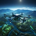 Drone Hovering over a Binary Code Landscape - A Three-Dimensional Render for Tech Concepts Royalty Free Stock Photo