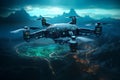 Drone Hovering over a Binary Code Landscape - A Three-Dimensional Render for Tech Concepts Royalty Free Stock Photo