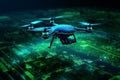 Drone Hovering over a Binary Code Landscape - A Three-Dimensional Render for Tech Concepts Royalty Free Stock Photo