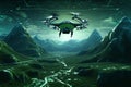 Drone Hovering over a Binary Code Landscape - A Three-Dimensional Render for Tech Concepts Royalty Free Stock Photo
