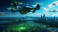 Drone Hovering over a Binary Code Landscape - A Three-Dimensional Render for Tech Concepts Royalty Free Stock Photo