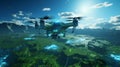 Drone Hovering over a Binary Code Landscape - A Three-Dimensional Render for Tech Concepts Royalty Free Stock Photo