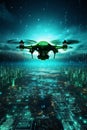 Drone Hovering over a Binary Code Landscape - A Three-Dimensional Render for Tech Concepts Royalty Free Stock Photo