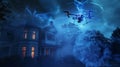 A Drone Hovering Over a House at Night Projecting Illumination Into the Sky Royalty Free Stock Photo
