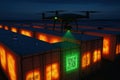 A drone hovers above glowing cargo containers scanning a bright QR code at night with a thermal-like visual effect Royalty Free Stock Photo