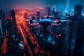 Drone equipped with lighting effects soaring above a vibrant night cityscape with stunning skyline views and Royalty Free Stock Photo