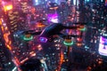 Drone equipped with lighting effects soaring above a vibrant night cityscape with stunning skyline views and Royalty Free Stock Photo