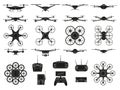 Drone icons, aerial quadcopters vehicles silhouette symbols. Modern unmanned flying drones vector illustration set