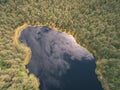 drone image. aerial view of rural area with fields and forests and water reflections in river in cloudy spring day. latvia - Royalty Free Stock Photo