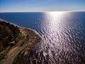 drone image. aerial view of rural area with rocky beach of Baltic sea Royalty Free Stock Photo