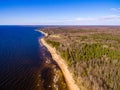 drone image. aerial view of rural area with rocky beach of Baltic sea Royalty Free Stock Photo