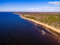 drone image. aerial view of rural area with rocky beach of Baltic sea Royalty Free Stock Photo