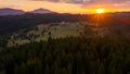 Drone image captures the last sunlight spilling across a dense conifer forest Royalty Free Stock Photo