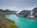 Drone Image from Mountain Lake with Snow and Blue Sky