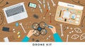 Drone kit. Vector flat illustrations. The hand man working with quadcopter tools on the table.