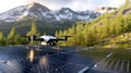 Drone landing on a solar charging pad at an eco-research base with data uplink animation and mountain background Royalty Free Stock Photo