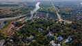 Drone landscape shots of ancient Chernihiv town with trees, river and buildings Royalty Free Stock Photo