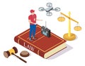 Drone laws, rules and regulations. Isometric drone operator, uav remote controller, legal symbols, vector illustration.