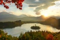 DRONE, LENS FLARE: Idyllic shot of famous lake Bled on a sunny summer evening. Royalty Free Stock Photo