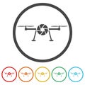 Drone and lens logo design. Set icons in color circle buttons